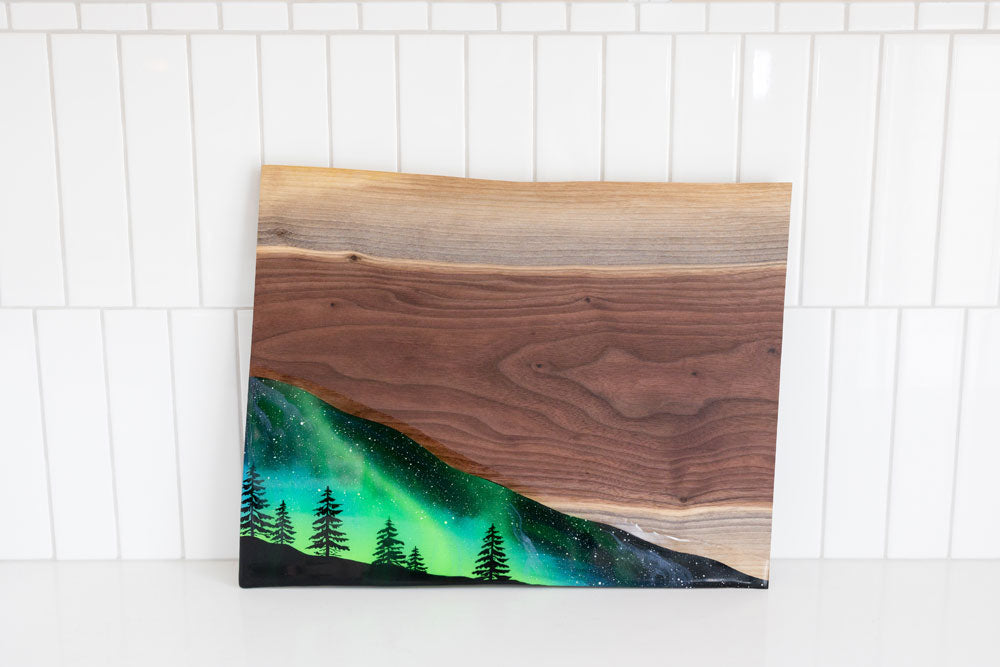 Northern Lights Resin and Black Walnut Charcuterie Board