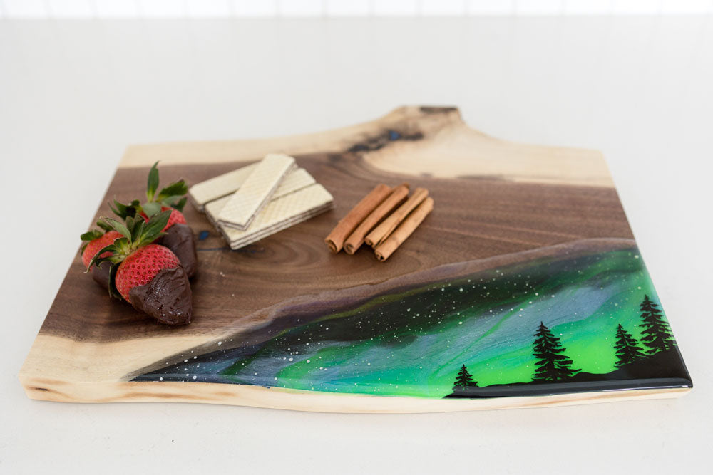 Northern Lights Resin and Black Walnut Charcuterie Board