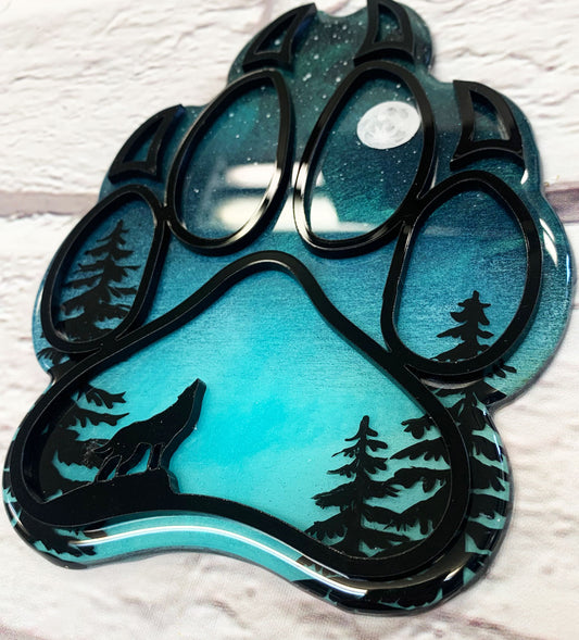 Full Moon Mini Wolf Paw Northern Lights Resin Art