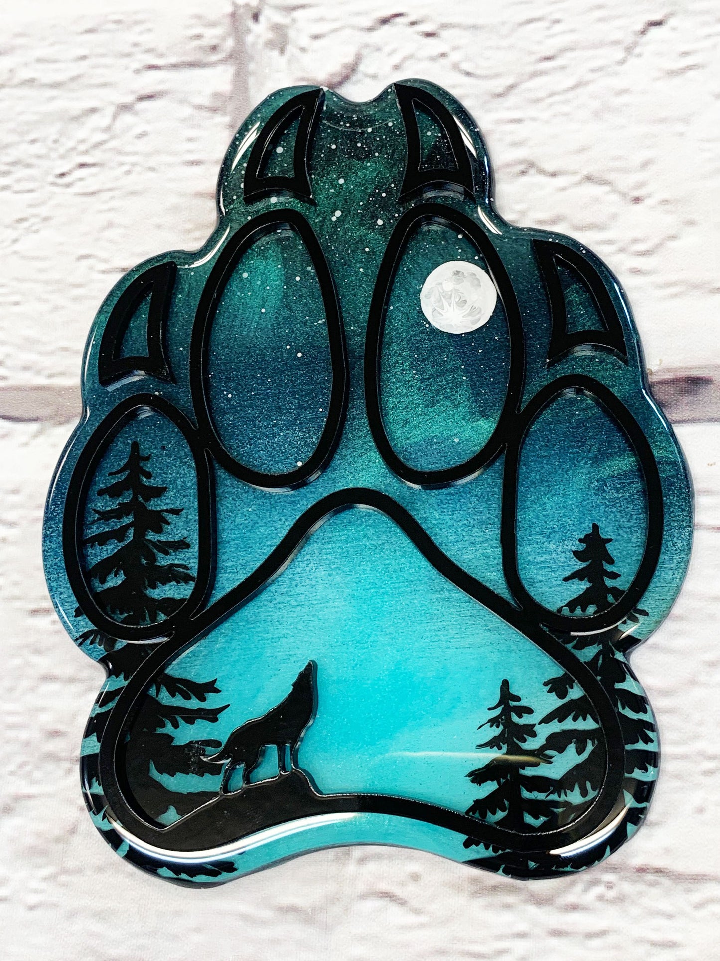 Full Moon Mini Wolf Paw Northern Lights Resin Art