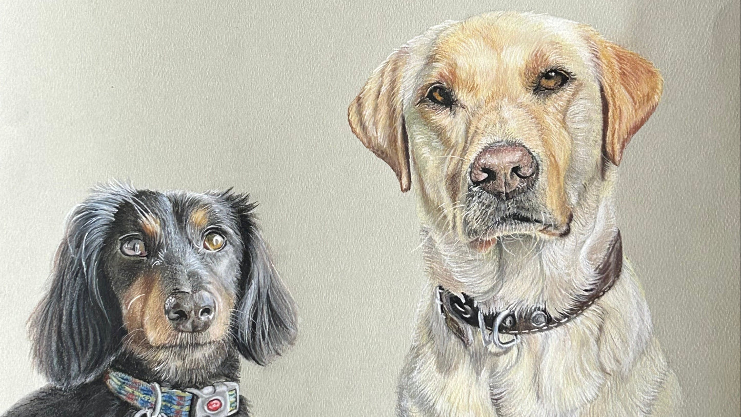 Artistic depiction of two dogs on a textured surface