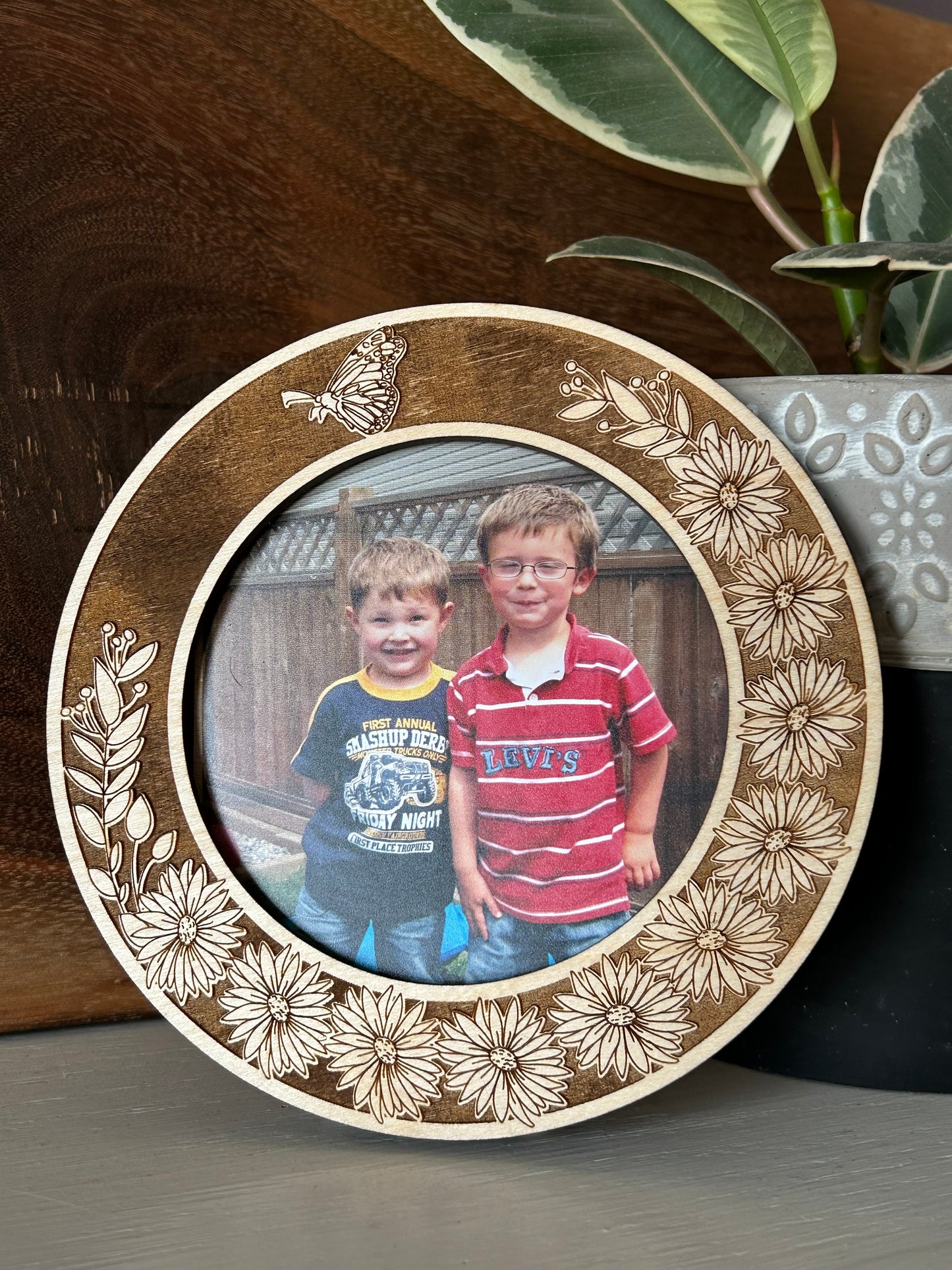Engraved Asters and Butterfly Wooden Photo Frame