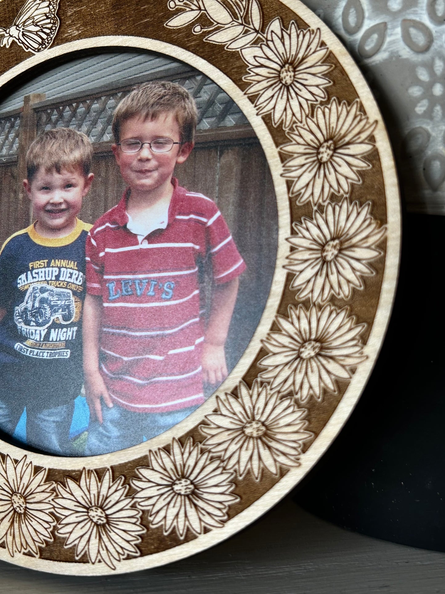 Engraved Asters and Butterfly Wooden Photo Frame