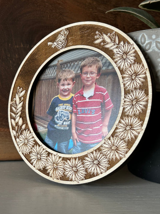 Engraved Asters and Butterfly Wooden Photo Frame