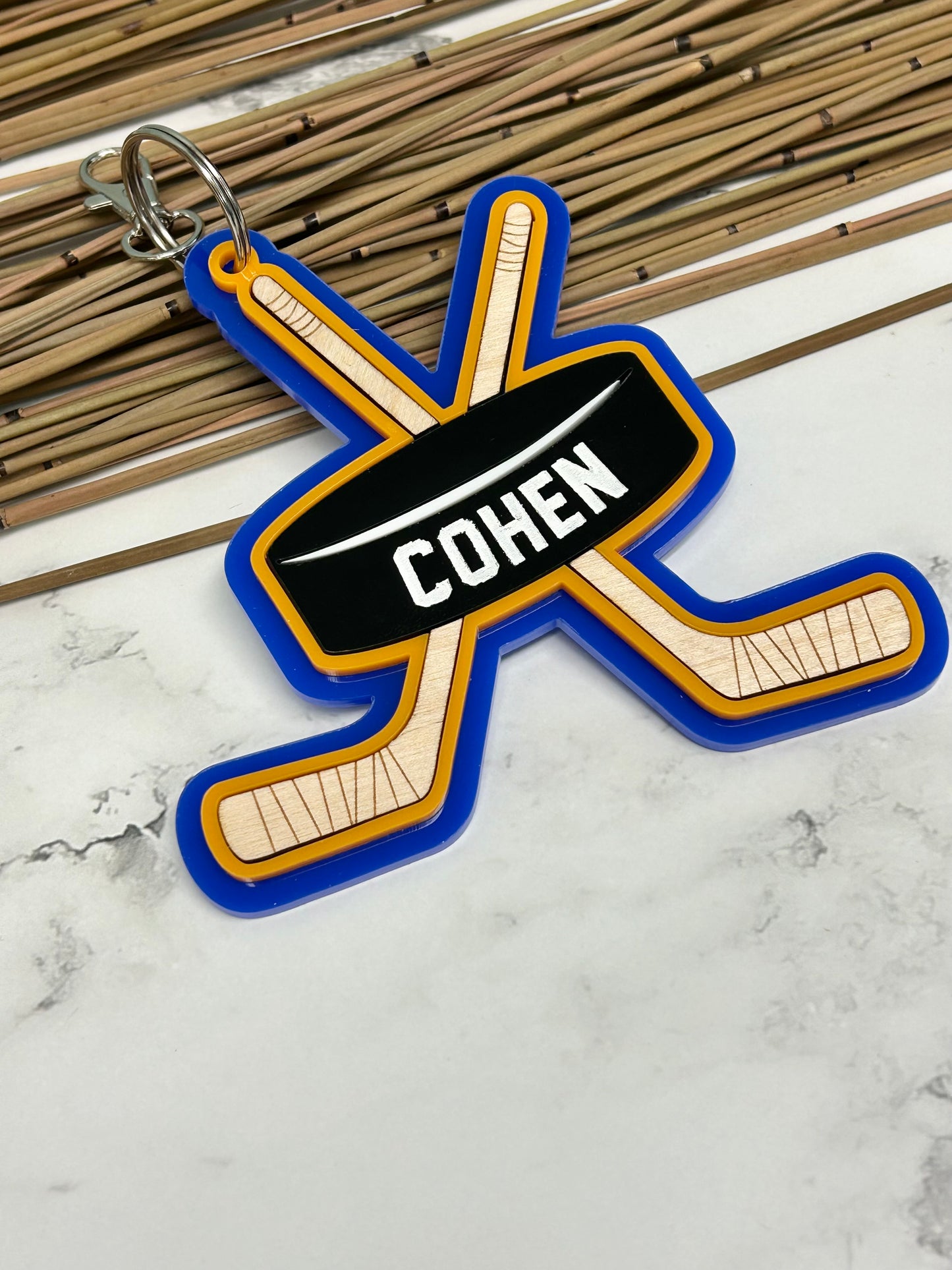 Hockey Sticks and Puck Backpack Clip On Name Tag