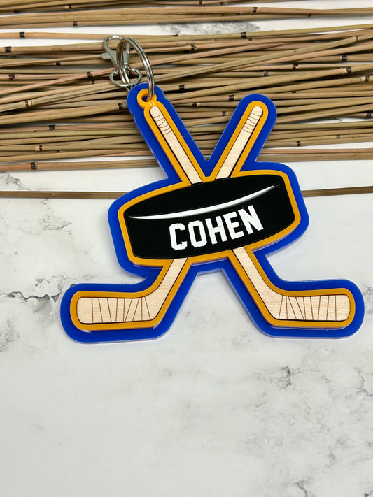 Hockey Sticks and Puck Backpack Clip On Name Tag