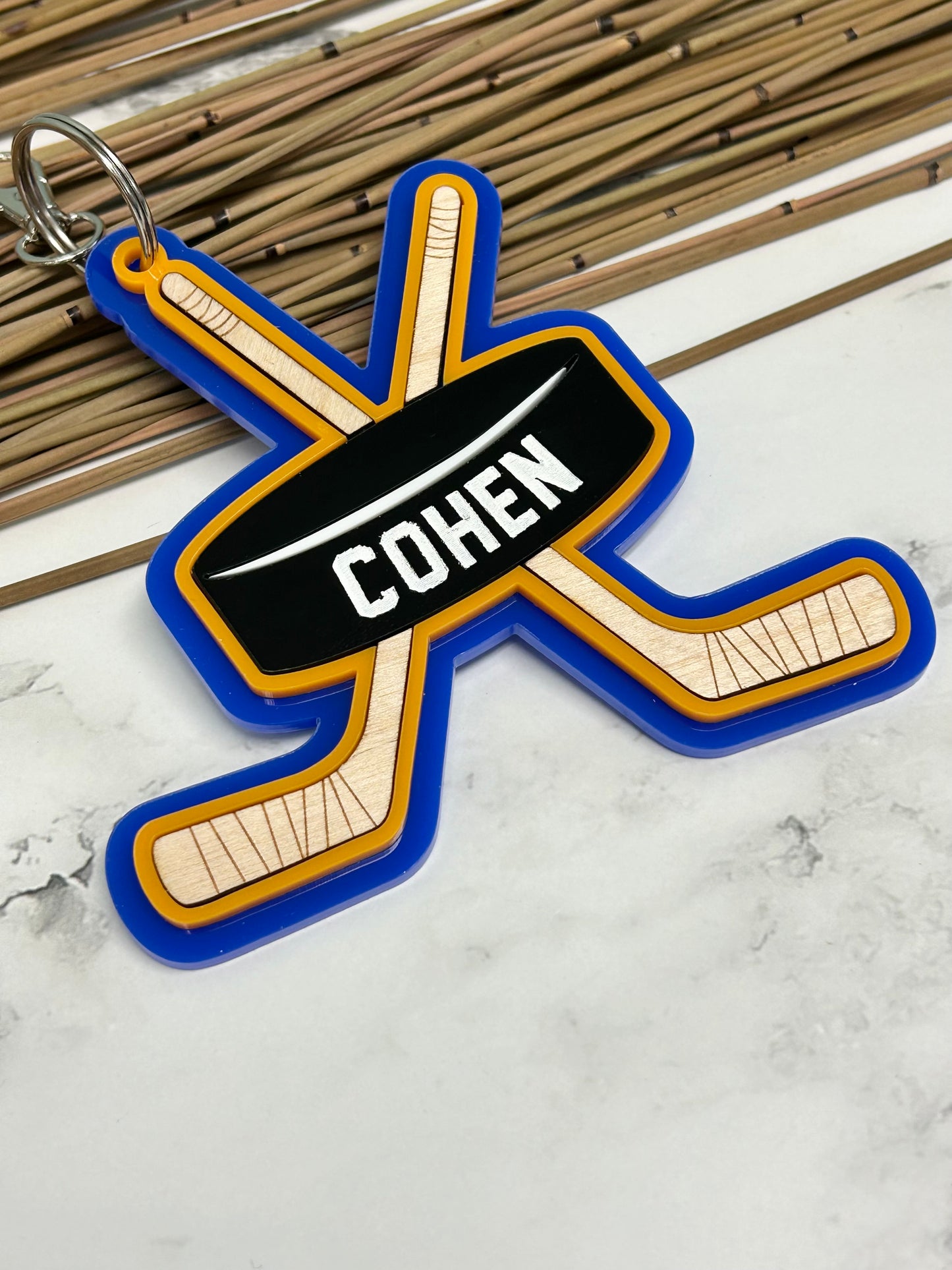 Hockey Sticks and Puck Backpack Clip On Name Tag