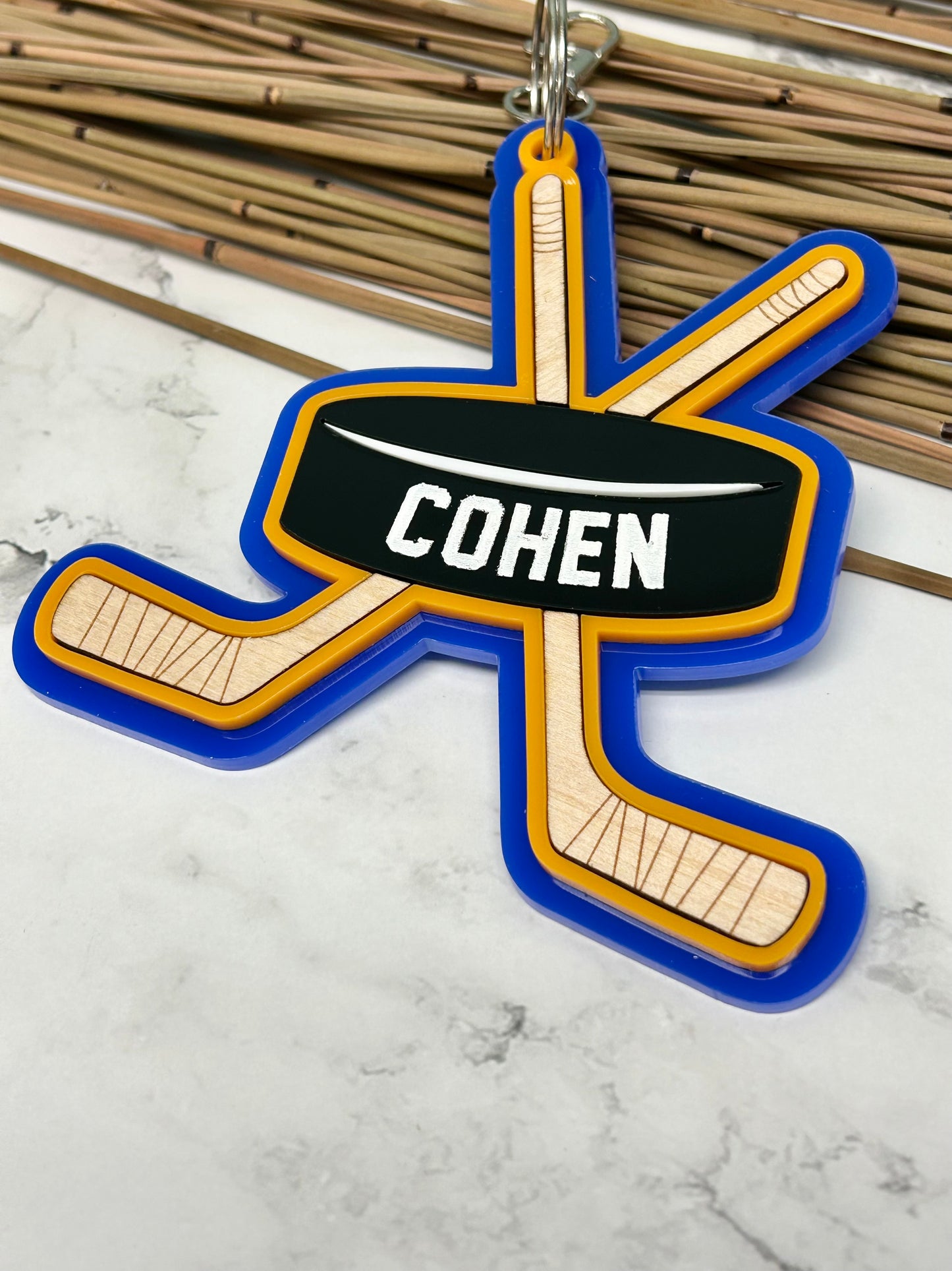 Hockey Sticks and Puck Backpack Clip On Name Tag
