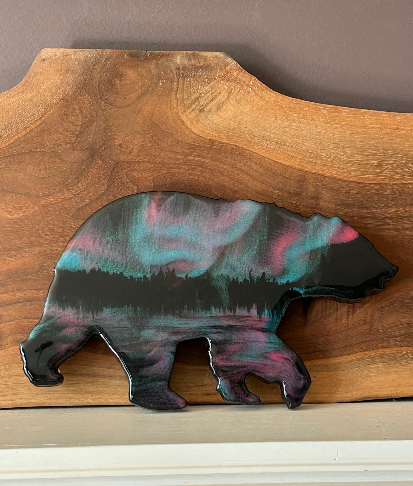 Lake Reflections Northern Lights Bear Resin Art