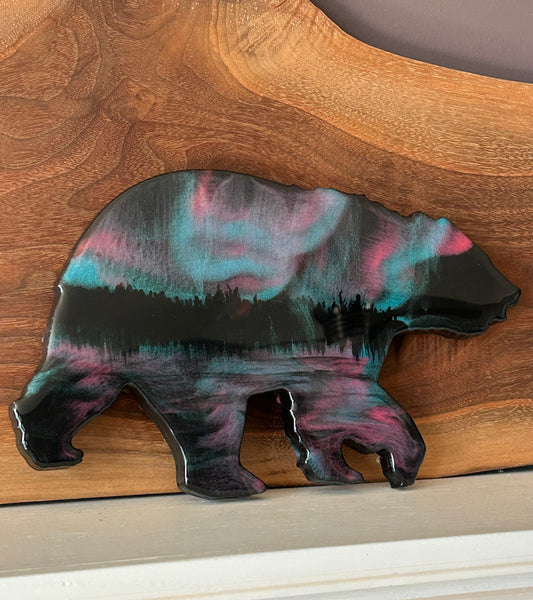 Lake Reflections Northern Lights Bear Resin Art