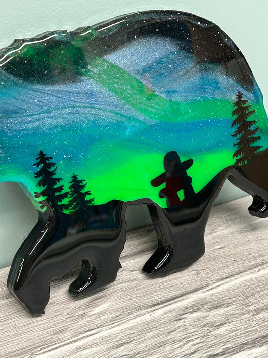 12" Green Northern Lights Inukshuk Resin Bear