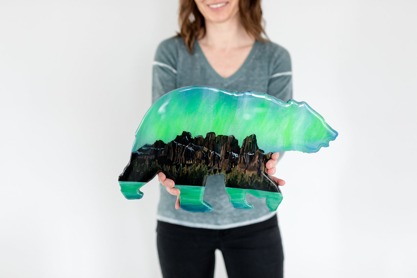 Castle Mountain Northern Lights Resin Art Bear