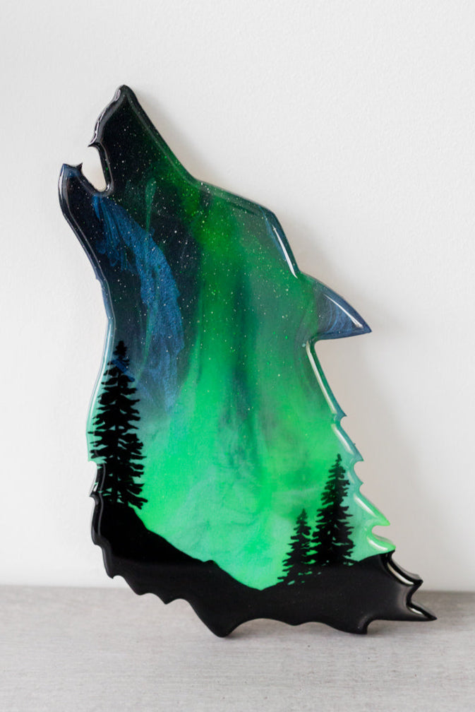 Green Northern Lights Wolf Art