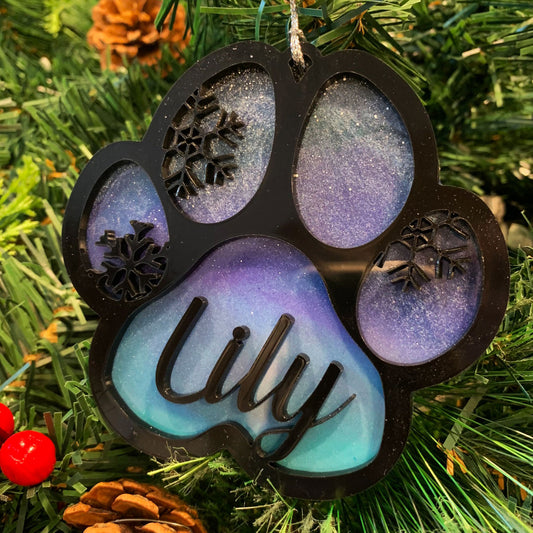 Northern Lights Resin Dog Name Pawprint Ornament