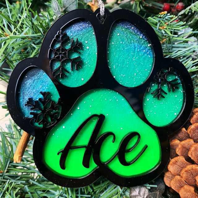 Northern Lights Resin Dog Name Pawprint Ornament
