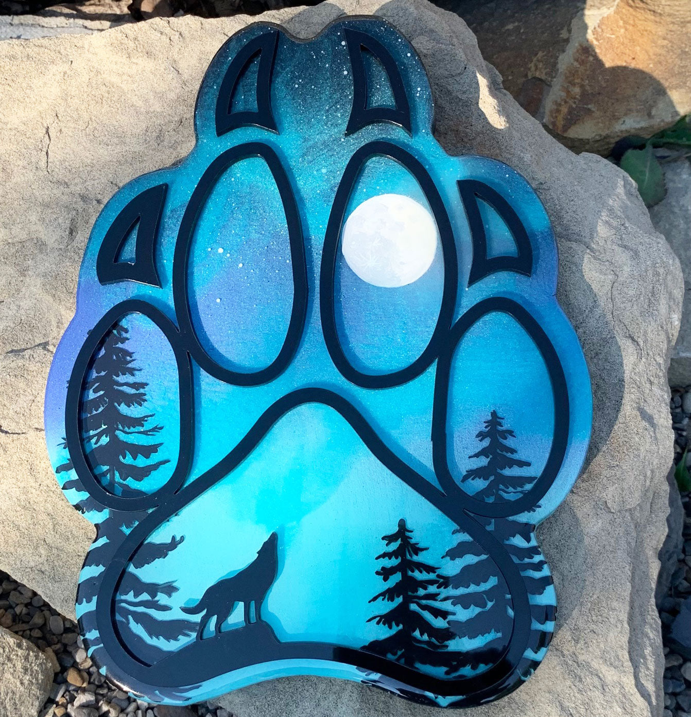 Full Moon Wolf Paw Northern Lights Resin Art