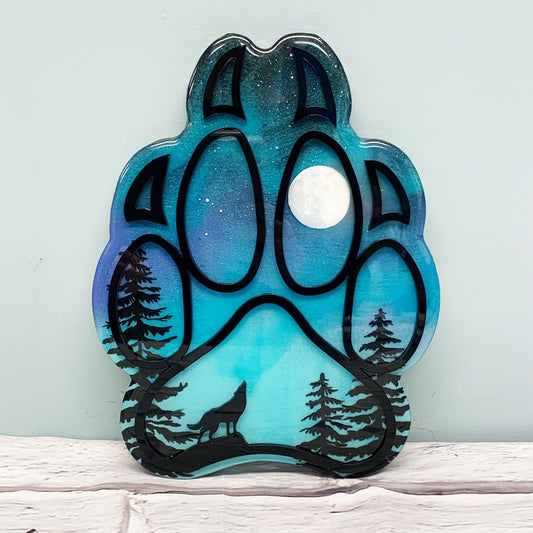 Full Moon Wolf Paw Northern Lights Resin Art