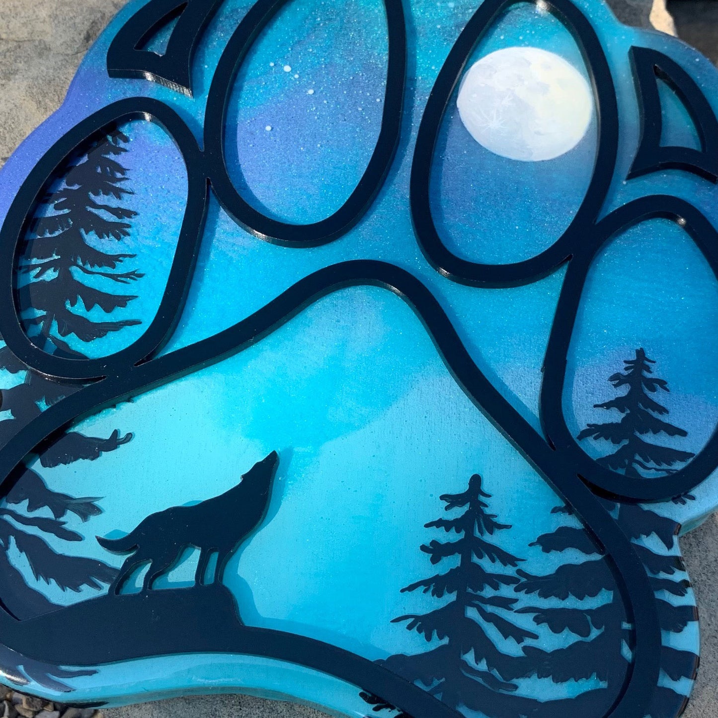 Full Moon Wolf Paw Northern Lights Resin Art