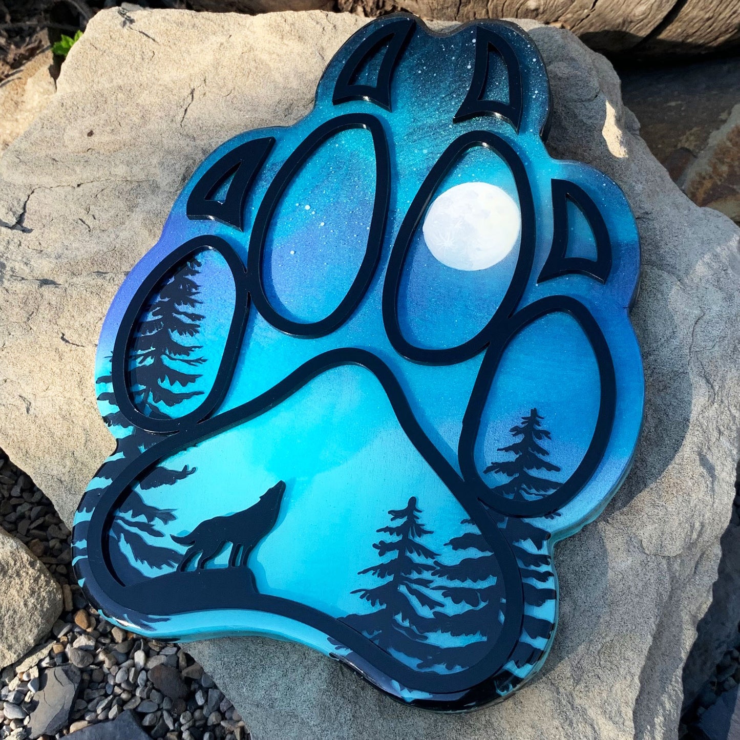 Full Moon Wolf Paw Northern Lights Resin Art