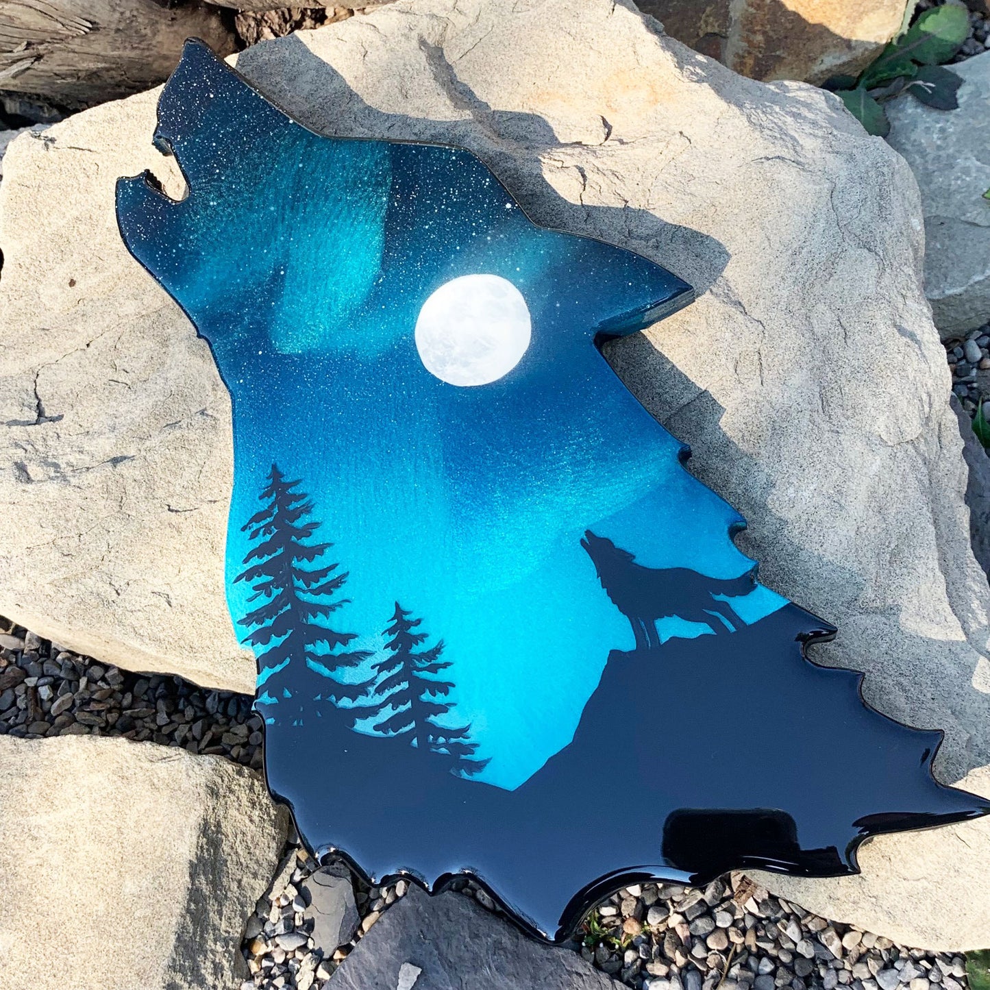 Full Moon Northern Lights Wolf Art