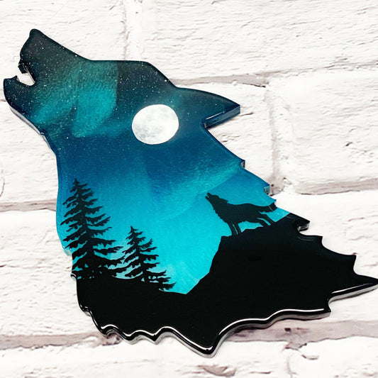 Full Moon Northern Lights Wolf Art