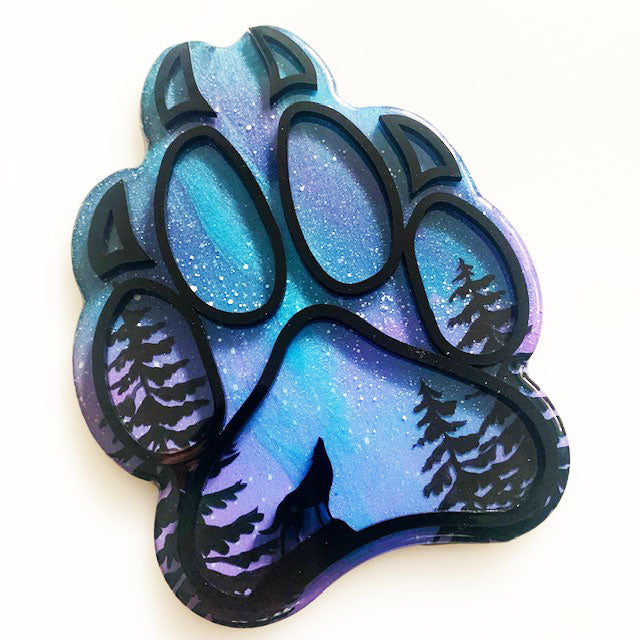 Blue and Purple Northern Lights Mini Wolf Paw Resin Art