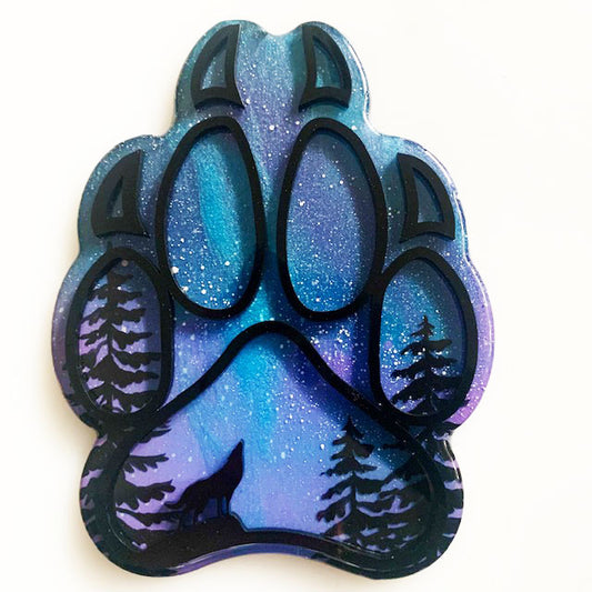 Blue and Purple Northern Lights Mini Wolf Paw Resin Art