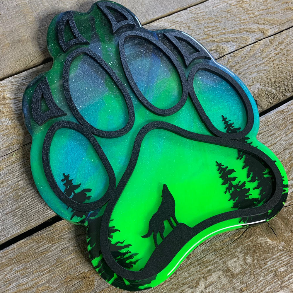 Green Northern Lights Mini Wolf Paw Resin Art