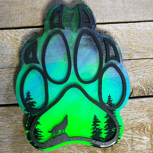 Green Northern Lights Mini Wolf Paw Resin Art