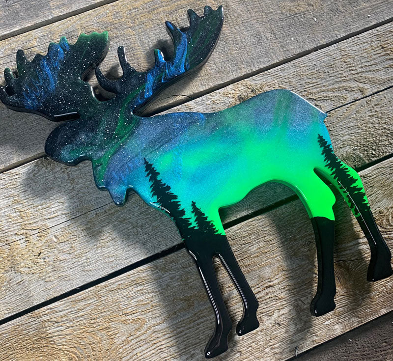 Moose Northern Lights Resin Art Piece