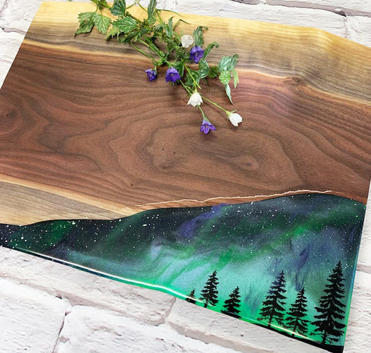 Northern Lights Resin and Black Walnut Charcuterie Board