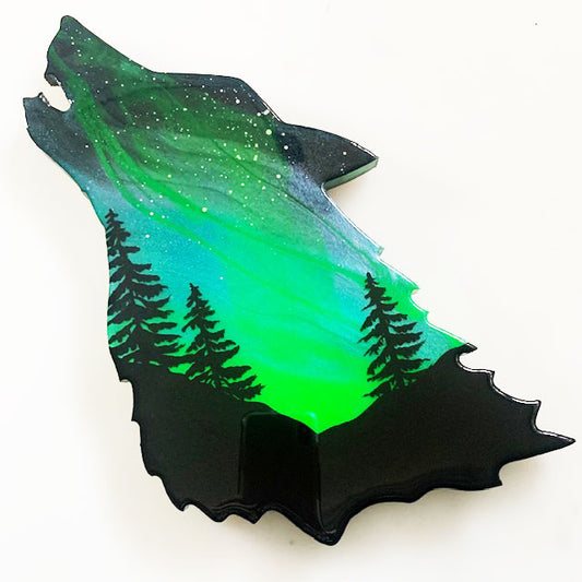 Green Northern Lights Wolf Art