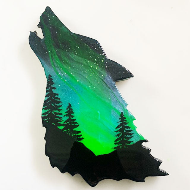 Green Northern Lights Wolf Art