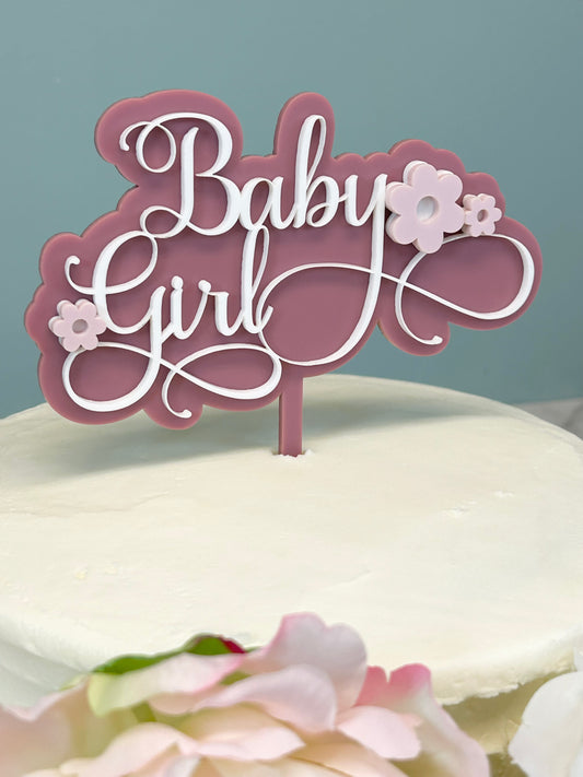 Baby Girl Pink and White Floral Cake Topper