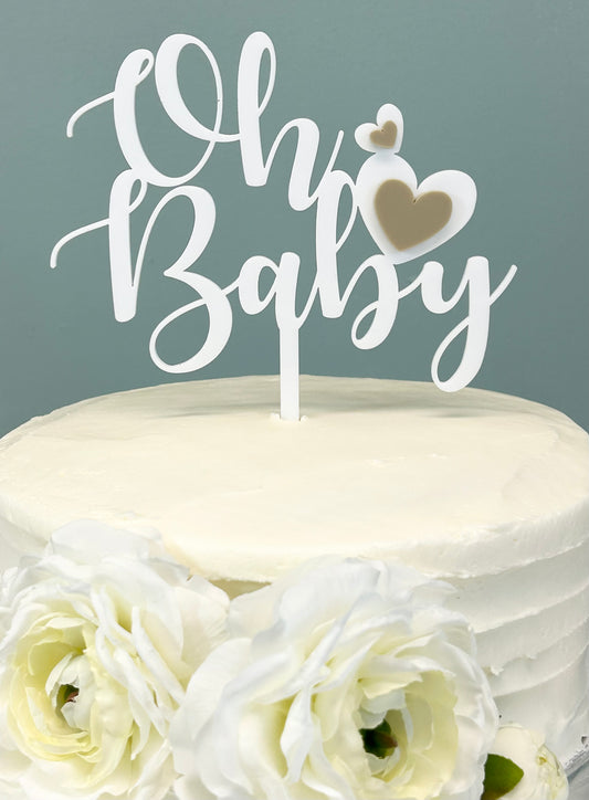Oh Baby White cake topper with hearts