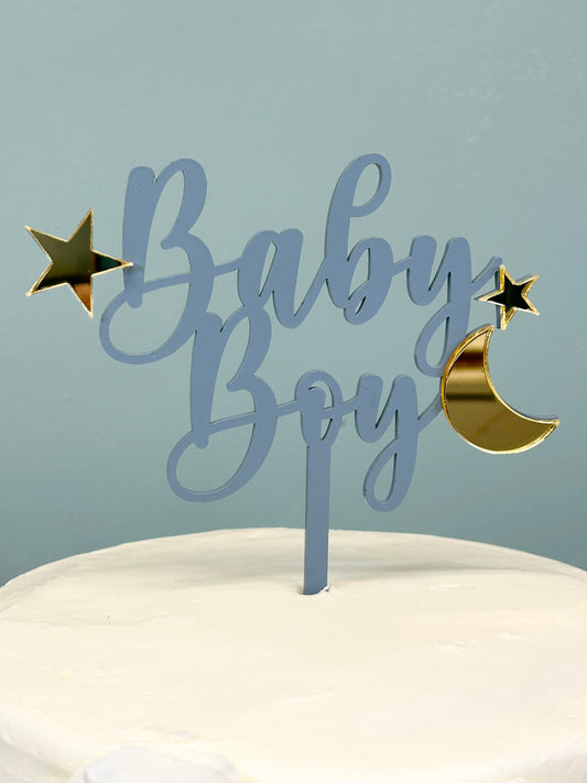 Baby Boy Blue and Gold Mirror Stars and Moon Cake Topper