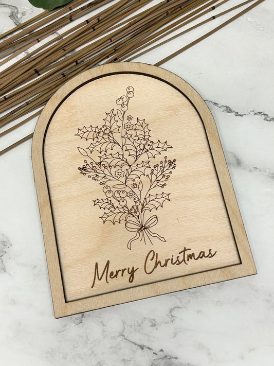 Wooden Merry Christmas Holly Arched Decor