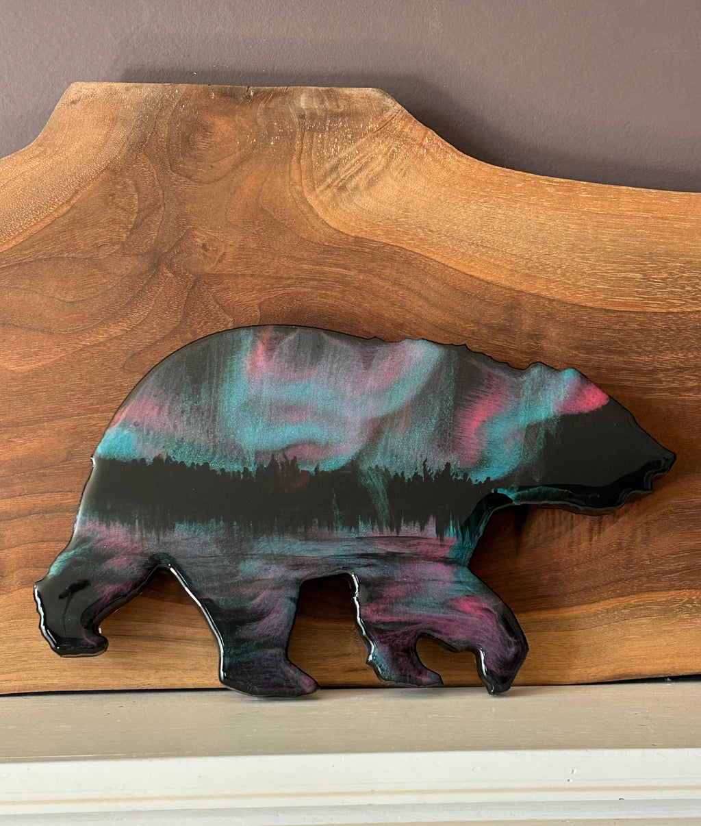 Lake Reflections Northern Lights Bear Resin Art