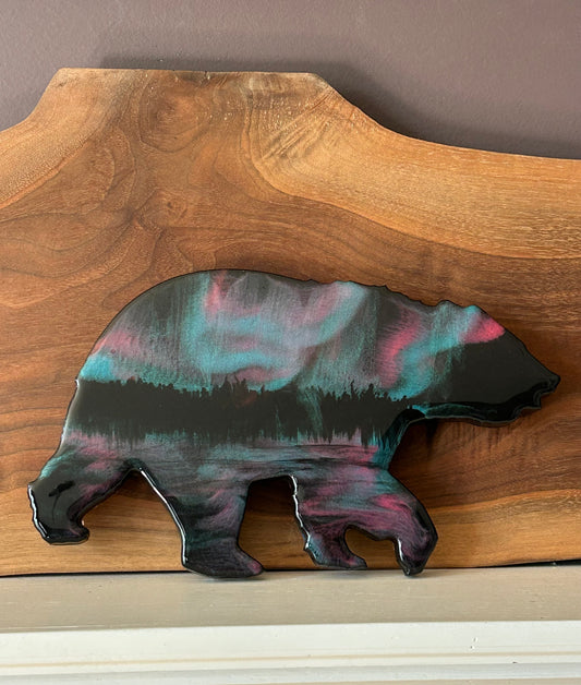 Lake Reflections Northern Lights Bear Resin Art