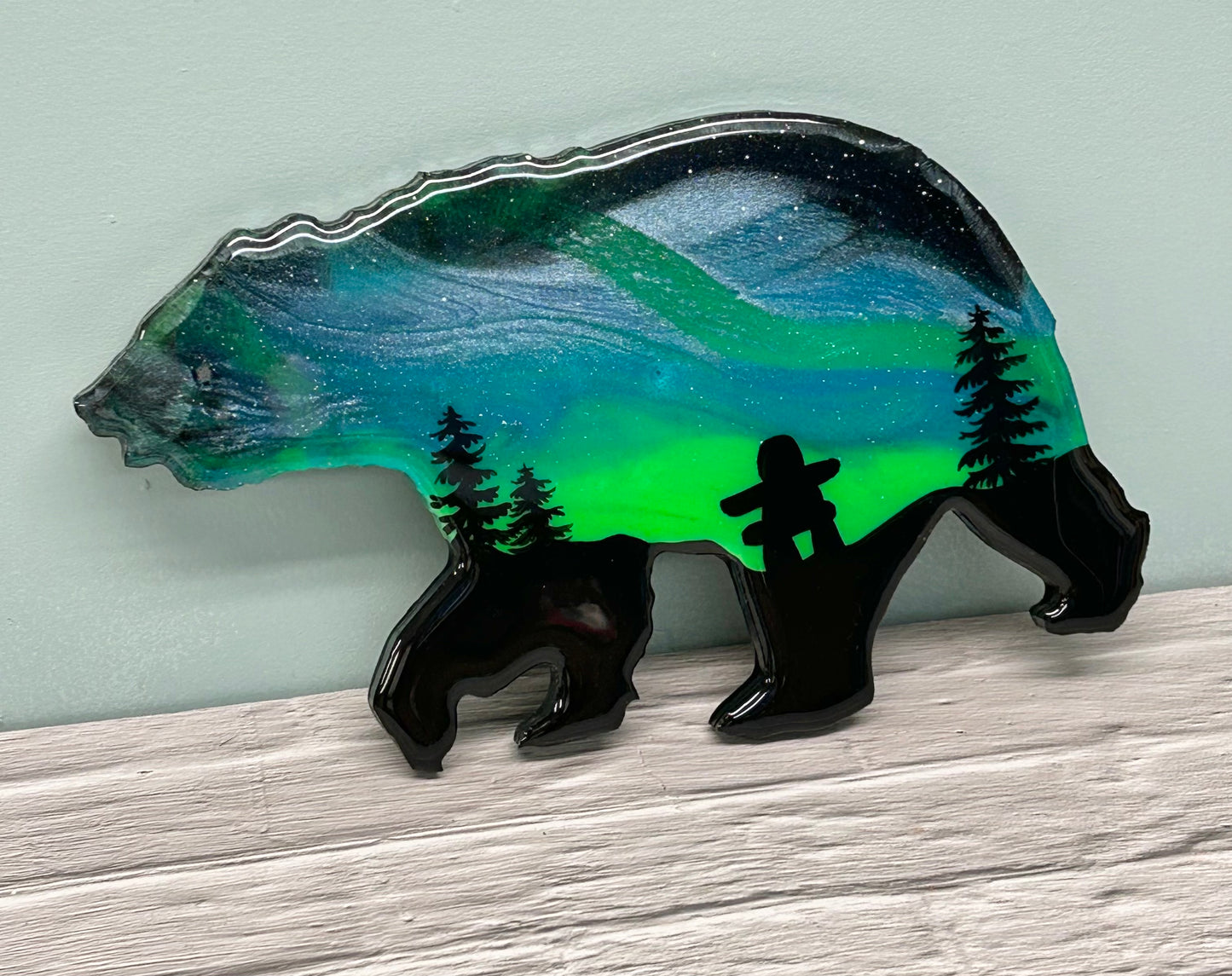 12" Green Northern Lights Inukshuk Resin Bear
