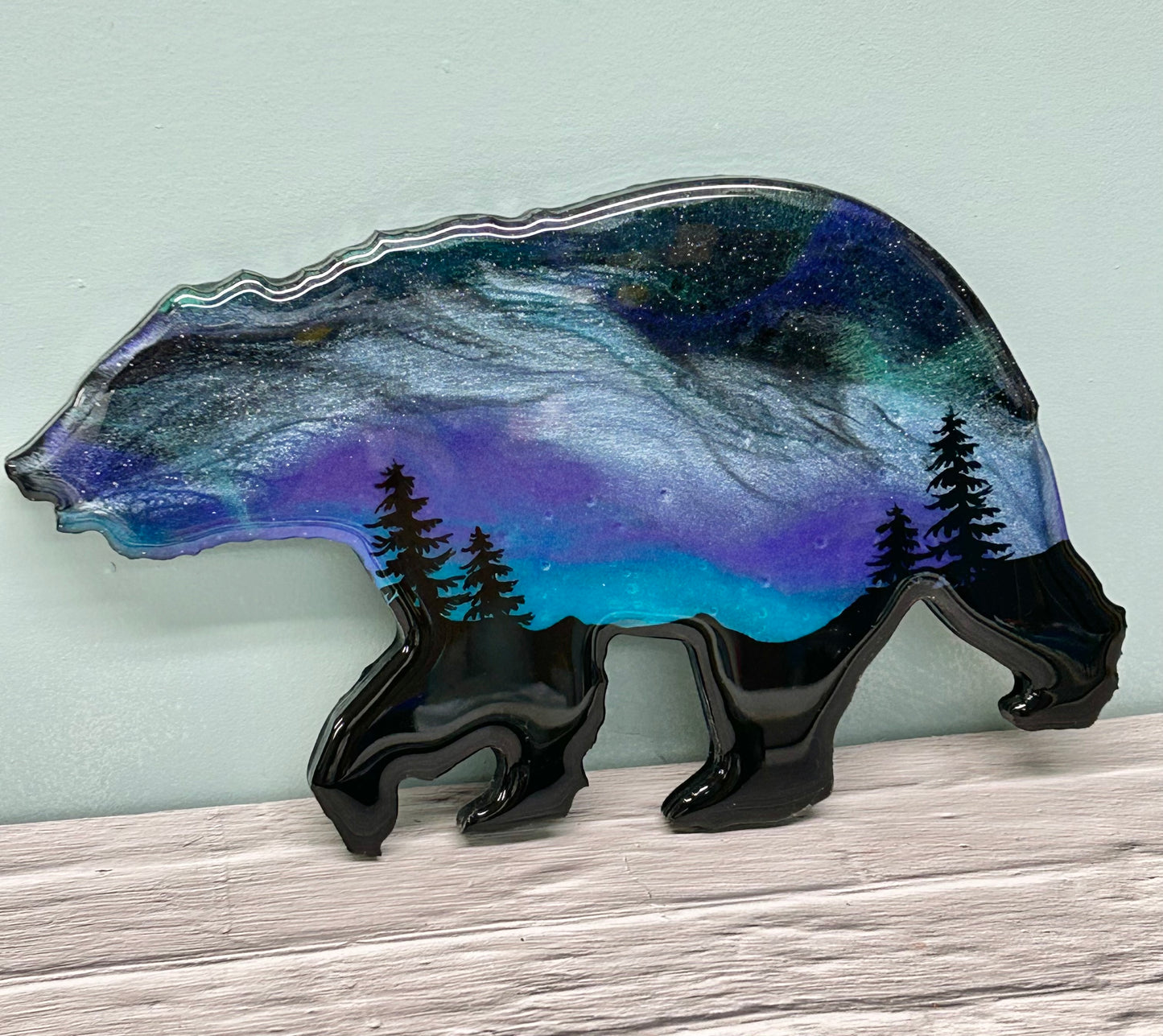 12" Purple and Blue Northern Lights Resin Bear