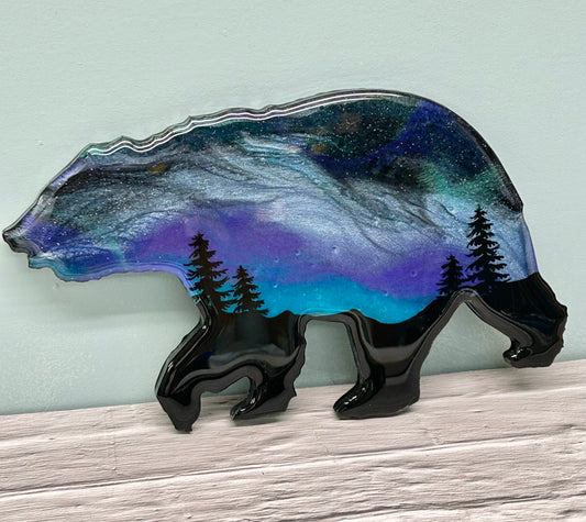 12" Purple and Blue Northern Lights Resin Bear