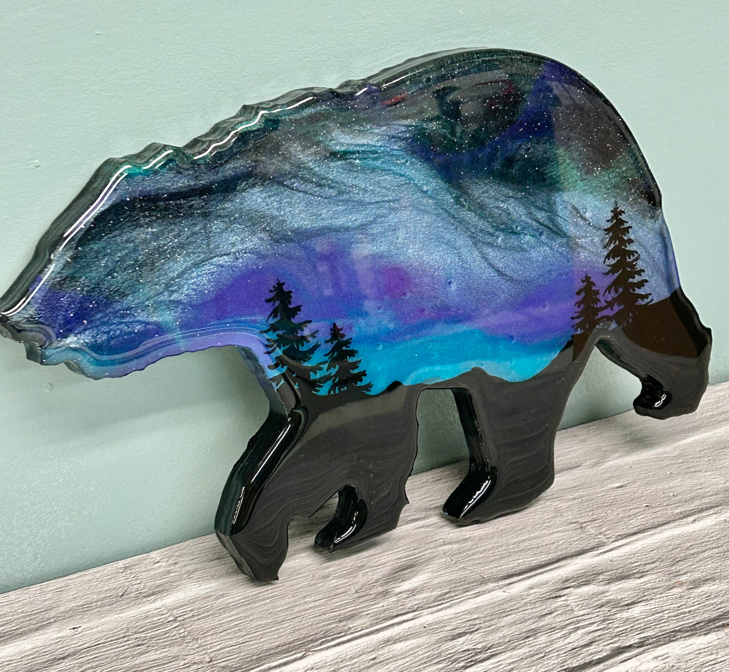 12" Purple and Blue Northern Lights Resin Bear