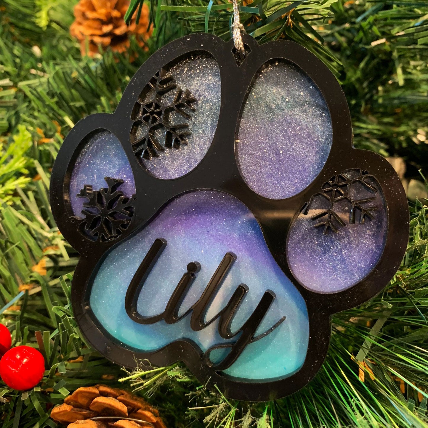 Northern Lights Resin Dog Name Pawprint Ornament
