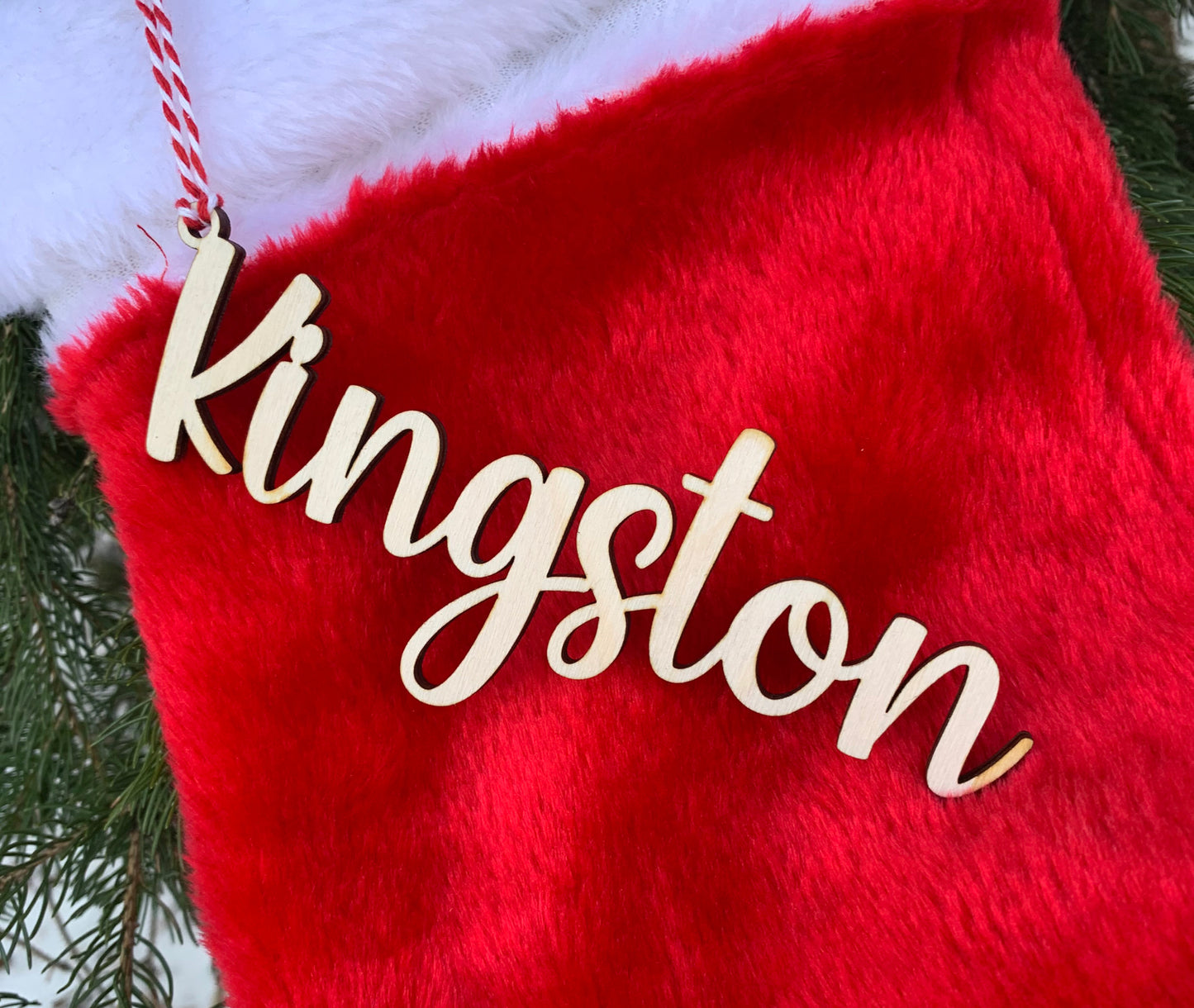 Wood Christmas Stocking and Gift Name Tag Ornaments