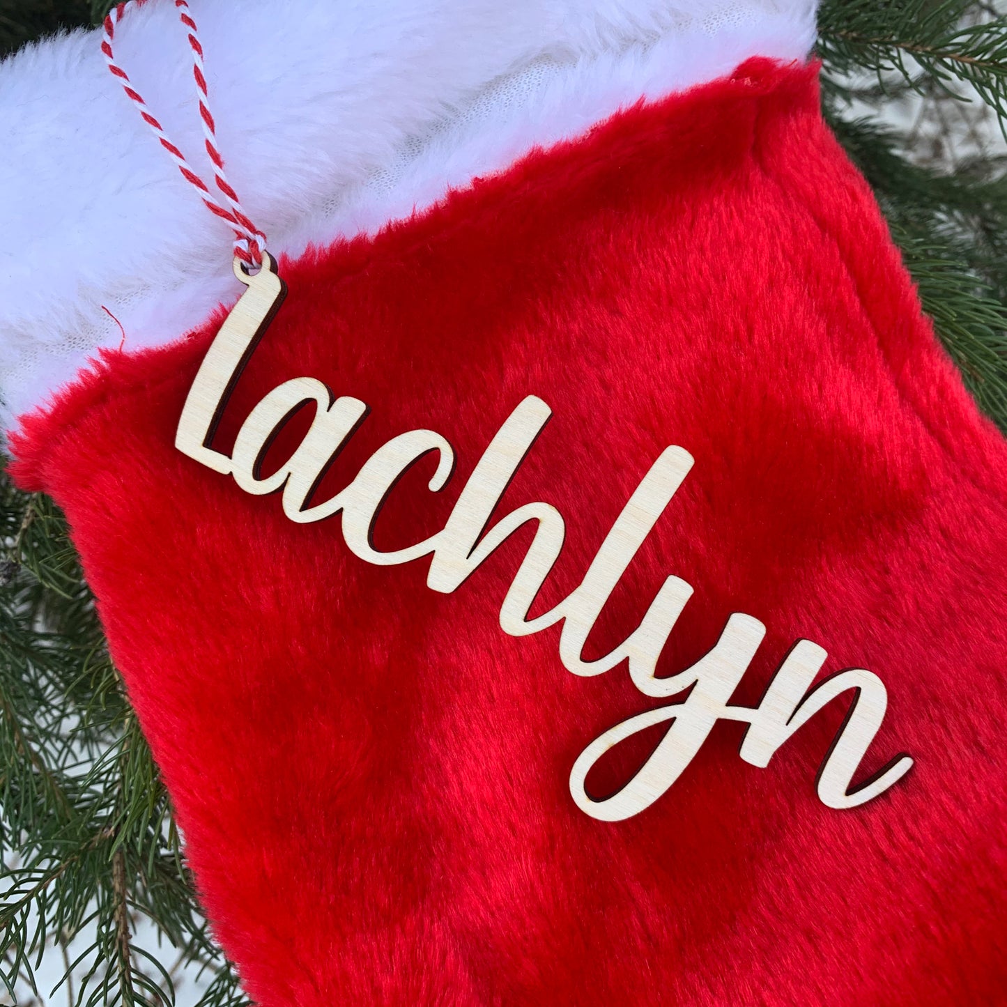 Wood Christmas Stocking and Gift Name Tag Ornaments