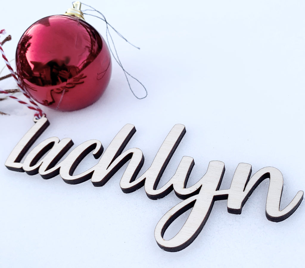 Wood Christmas Stocking and Gift Name Tag Ornaments