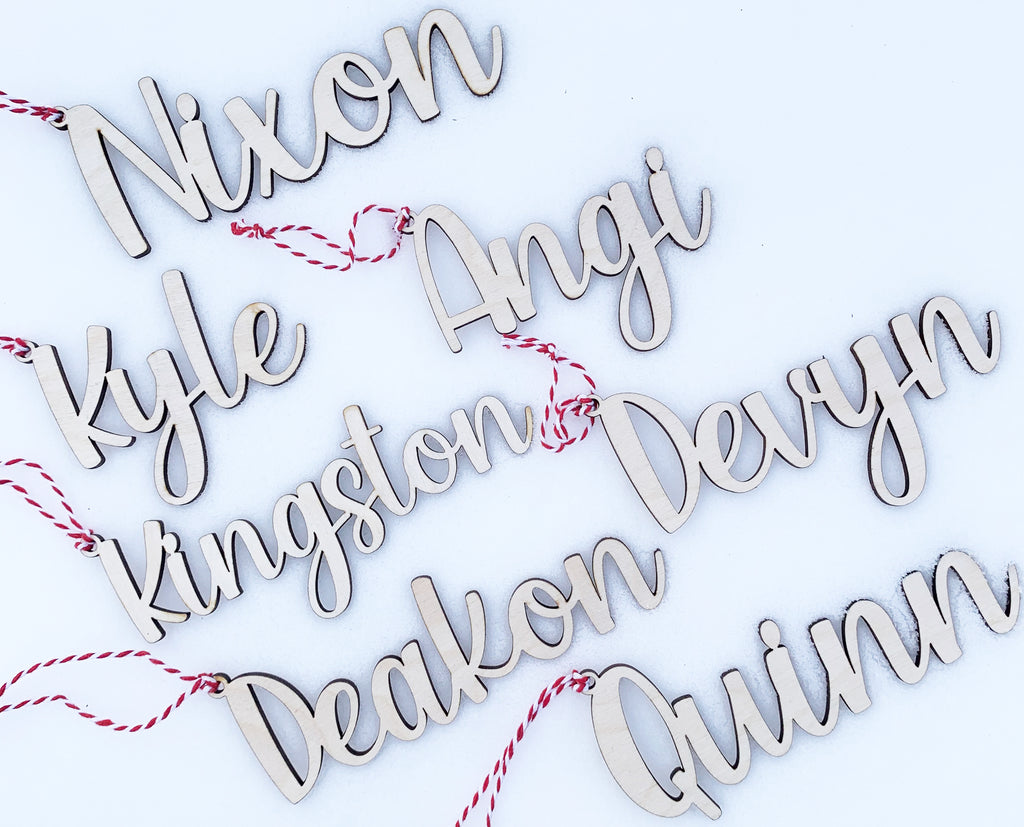 Wood Christmas Stocking and Gift Name Tag Ornaments