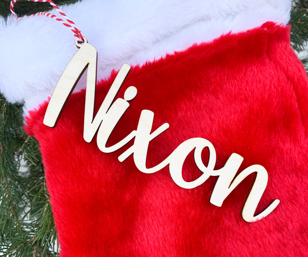 Wood Christmas Stocking and Gift Name Tag Ornaments