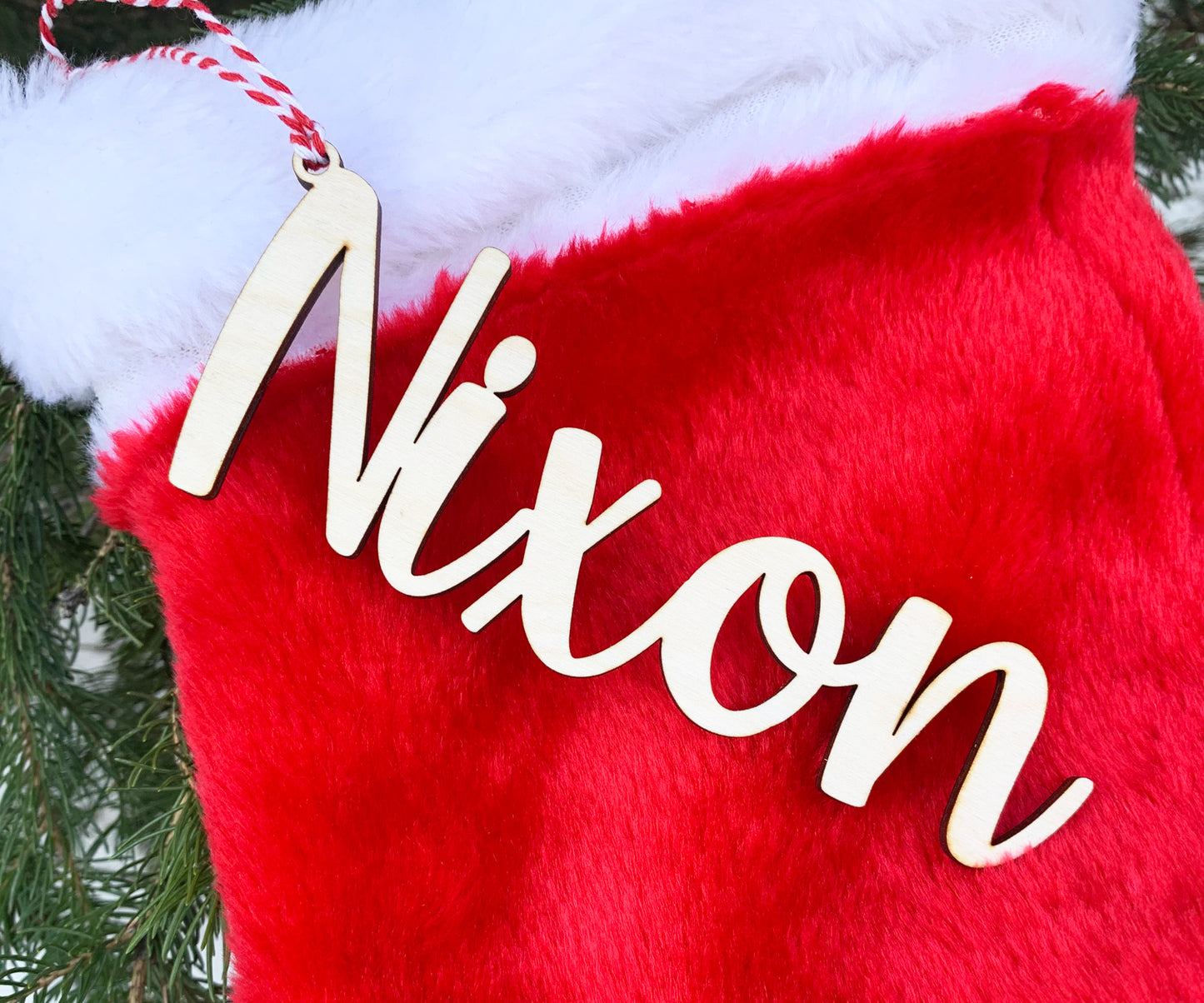 Wood Christmas Stocking and Gift Name Tag Ornaments